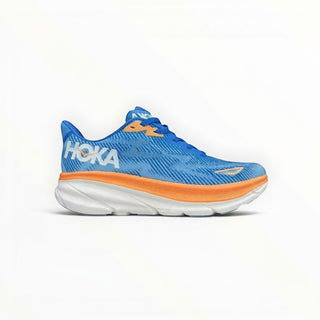 FWSports Shoes Hoka Clifton 9 men's running shoes in sea and sky blue with orange accents and a thick white EVA midsole.
