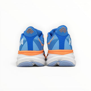 Rear view of FWSports Shoes Hoka Clifton 9 running shoes in sea and sky blue with orange accents and thick EVA soles.