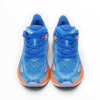 FWSports Shoes Hoka Clifton 9 running shoes in sea and sky blue with orange accents and breathable mesh upper