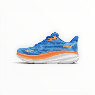 FWSports Shoes Hoka Clifton 9 men's running shoes in sea and sky blue with orange accents and thick EVA midsole.