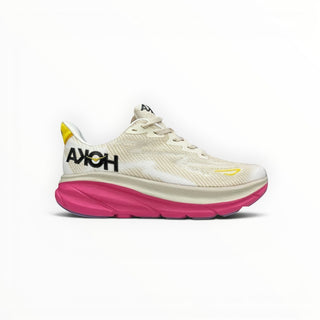 FWSports Shoes HOKA Clifton 9 running shoes in eggnog pink with breathable mesh upper and cushioned EVA midsole.