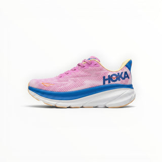 FWSports Shoes Hoka Clifton 9 men's running shoe in lilac with blue accents, breathable mesh, and thick EVA foam sole.