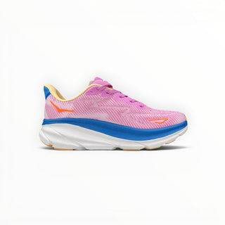 FWSports Shoes Hoka Clifton 9 women's running shoe in lilac with blue midsole, orange accents, and mesh upper.