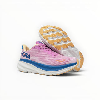 FWSports Shoes Hoka Clifton 9 lilac running shoes with blue midsole and tan rubber outsole on white background