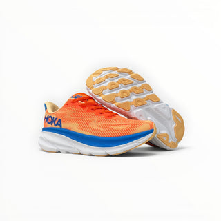 FWSports Shoes Hoka Clifton 9 women's running shoes in bright orange and blue with a thick white EVA foam midsole.
