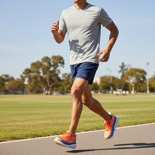 FWSports Shoes Hoka Clifton 9 men's running shoes in bright orange and blue worn by a runner on an outdoor track