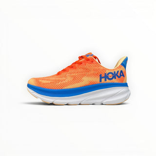 FWSports Shoes Hoka Clifton 9 men's running shoe in bright orange and blue with a thick white EVA foam midsole.