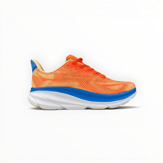 FWSports Shoes Hoka Clifton 9 men's running shoe in bright orange and blue with a thick white EVA foam midsole.