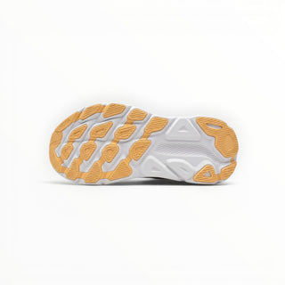 FWSports Shoes Hoka Clifton 9 running shoe outsole in white and tan, showing durable rubber traction pattern.