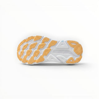 FWSports Shoes Hoka Clifton 9 women's running shoe outsole in bright orange and white rubber with traction pattern