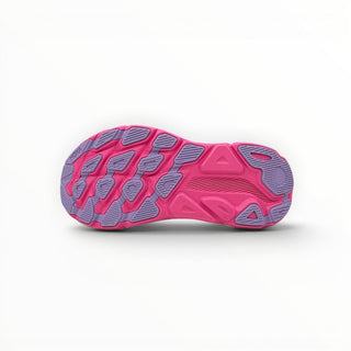 FWSports Shoes Hoka Clifton 9 running shoe outsole in eggnog pink and purple with durable rubber traction pattern