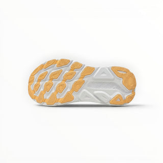 FWSports Shoes Hoka Clifton 9 women's running shoe outsole in white and orange with durable rubber traction pattern