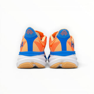 FWSports Shoes Hoka Clifton 9 women's running shoes in bright orange and blue, rear view showing heel and outsole.
