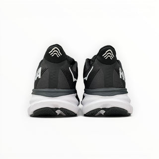 Rear view of FWSports Shoes Hoka Clifton 9 men's running shoes in black and white with reflective heel detailing.