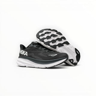 FWSports Shoes Hoka Clifton 9 women's running shoes in black and white with breathable mesh and EVA foam cushioning.