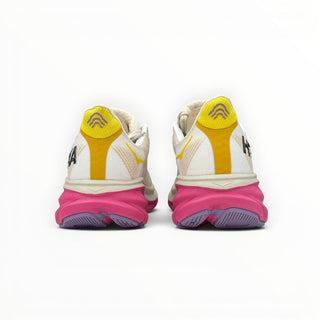 FWSports Shoes Hoka Clifton 9 running shoes in eggnog pink with a thick cushioned midsole and yellow heel detailing.