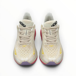 FWSports Shoes Hoka Clifton 9 running shoes in eggnog pink with engineered mesh upper and cushioned EVA midsole.