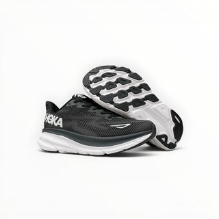 FWSports Shoes Hoka Clifton 9 men's running shoes in black and white with mesh upper and thick EVA foam midsole.