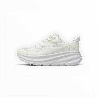 FWSports Shoes Hoka Clifton 9 women's running shoe in white with engineered mesh upper and thick EVA cushioned midsole.