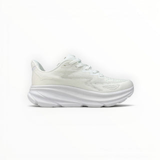 FWSports Shoes Hoka Clifton 9 women's running shoe in white with engineered mesh upper and thick EVA foam midsole.