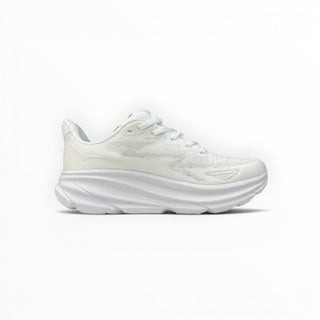 FWSports Shoes Hoka Clifton 9 men's running shoe in all-white with breathable mesh upper and thick EVA midsole.