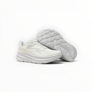 FWSports Shoes Hoka Clifton 9 men's running shoes in white with mesh upper and thick EVA midsole, side and sole view.