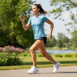 A female runner wearing white FWSports Shoes Hoka Clifton 9 running shoes while jogging on a park path.