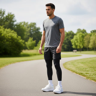 FWSports Shoes Hoka Clifton 9 white running shoes worn by a man in athletic gear on a park path