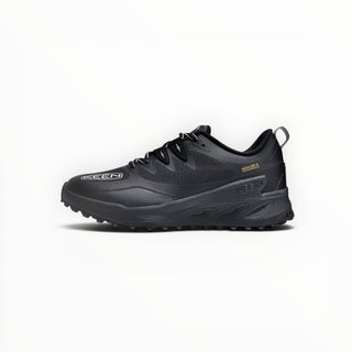 FWSports Shoes KEEN NXIS EVO WP womens black and gold waterproof hiking shoe with a durable trail-ready rubber outsole.