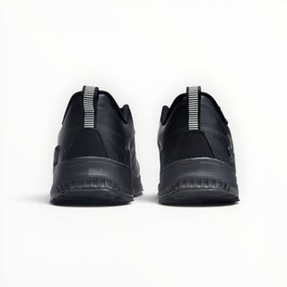 Rear view of FWSports Shoes KEEN NXIS EVO WP womens waterproof hiking shoes in black with gold accents and heel tabs.