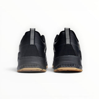 Rear view of FWSports Shoes KEEN NXIS EVO WP black waterproof hiking shoes with gum rubber outsoles and heel tabs.