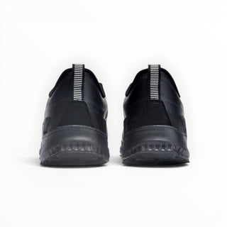 Rear view of FWSports Shoes KEEN NXIS EVO WP dark grey waterproof hiking shoes with a pull tab and textured sole.