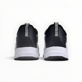 Rear view of FWSports Shoes KEEN NXIS EVO WP black and white waterproof hiking shoes with a striped heel pull tab.
