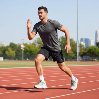 FWSports Shoes Mens On-Run Cloudtilt sneakers in grey and white on a track with a male runner in athletic gear