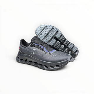 FWSports Shoes Mens On-Run Cloudtilt sneakers in black and blue with mesh upper and rocker sole design.