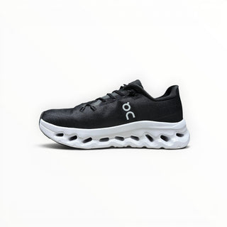 FWSports Shoes Mens On-Run Cloudtilt sneakers in black mesh with a white cushioned rocker sole and speed laces.