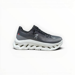 FWSports Shoes Mens On-Run Cloudtilt sneaker in black, gray, and white with a thick white Helion superfoam sole.