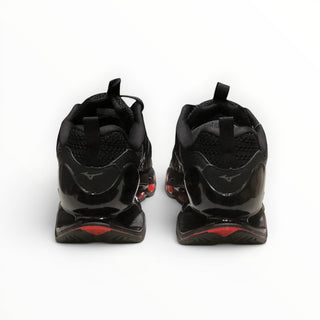 FWSports Shoes Mizuno Wave Prophecy 14S womens running shoes in triple black with rear view of Infinity Wave plate