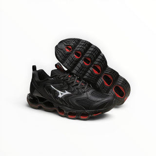 FWSports Shoes Mizuno Wave Prophecy 14S triple black running shoes with Infinity Wave plate and mesh upper.