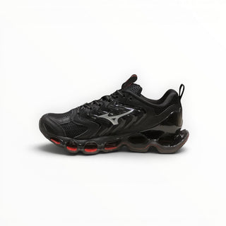 FWSports Shoes Mizuno Wave Prophecy 14S womens running shoe in triple black with Infinity Wave plate and mesh upper.