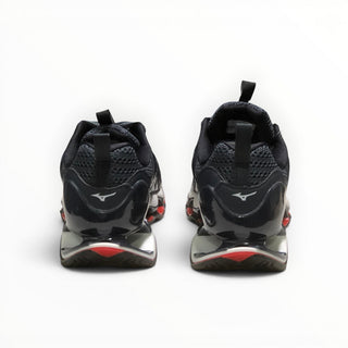 FWSports Shoes Mizuno Wave Prophecy 14S running shoes in black and blue, showing the rear view of the heel structure.