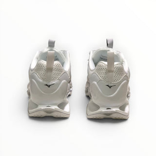 FWSports Shoes Mizuno Wave Prophecy 14S triple white womens running shoes showing heel view and Infinity Wave plate.