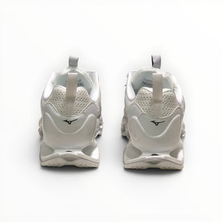 FWSports Shoes Mizuno Wave Prophecy 14S men's running shoes in triple white, showing the rear heel view and plate.