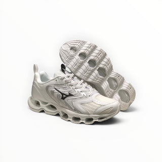 FWSports Shoes Mizuno Wave Prophecy 14S womens running shoes in triple white with Infinity Wave plate and mesh upper.