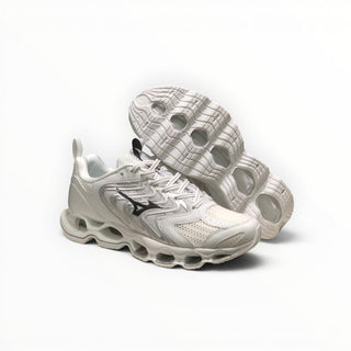 FWSports Shoes Mizuno Wave Prophecy 14S triple white running shoes with Infinity Wave plate and breathable mesh upper.