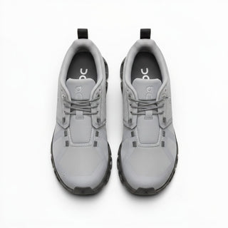 FWSports Shoes On Cloud 6 Waterproof sneakers in alloy gray with a sleek mesh upper and durable rubber lug outsole.