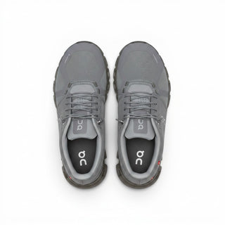 FWSports Shoes On Cloud 6 Waterproof sneakers in Apollo grey with a mesh upper and top-down view.