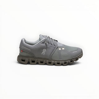 FWSports Shoes On Cloud 6 Waterproof sneakers in Apollo grey with a durable mesh upper and cushioned rubber outsole.