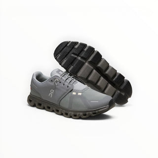FWSports Shoes On Cloud 6 Waterproof sneakers in Apollo grey with a durable lugged outsole for traction.