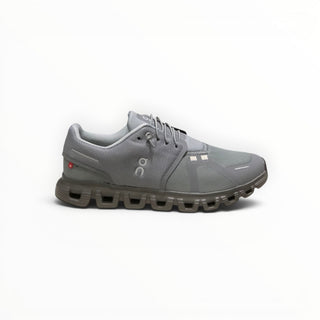 FWSports Shoes On Cloud 6 Waterproof sneakers in Apollo grey with a two-tone mesh upper and cushioned rubber outsole.